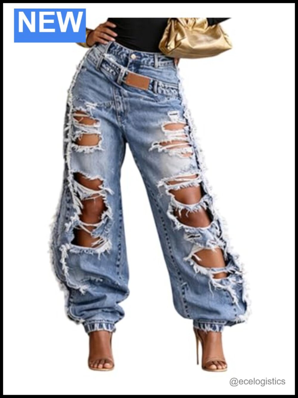 Wide Leg High Waisted Ripped Baggy Jeans with Frayed Hem Y2K Streetwear Denim